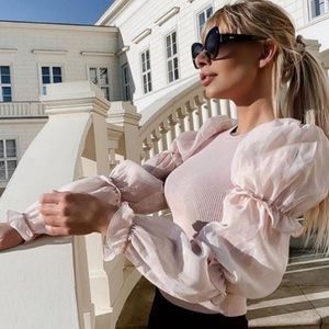 ZARA Organza Top Pastel Pink Dramatic Puff Sleeve- Size Medium